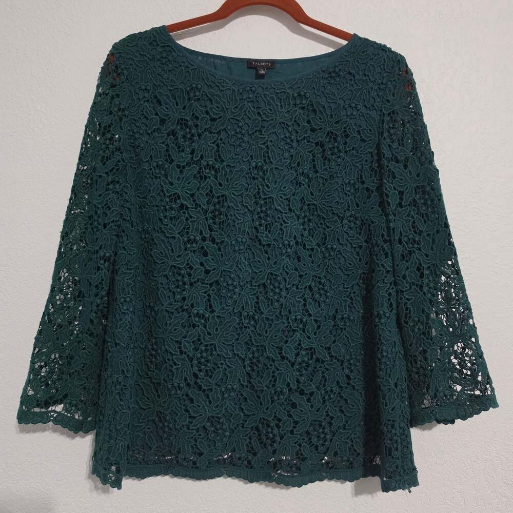 Talbots Lace Overlay 3/4 Sleeve Top size 12 Forest Green Office Nature Leaves